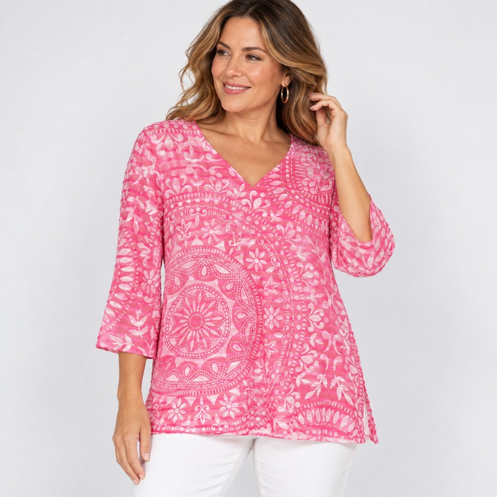 Whimsy Rose Banda Boho Tunic Top Womens S Pink Geometric Bell Sleeve V Neck